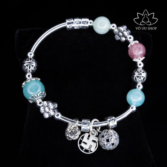 Lắc tay tam vị ngọc (Cẩm thạch, amazonite và thạch anh dâu tây) kết Thần chú  Om Mani Padme Hum và các charm chánh niệm