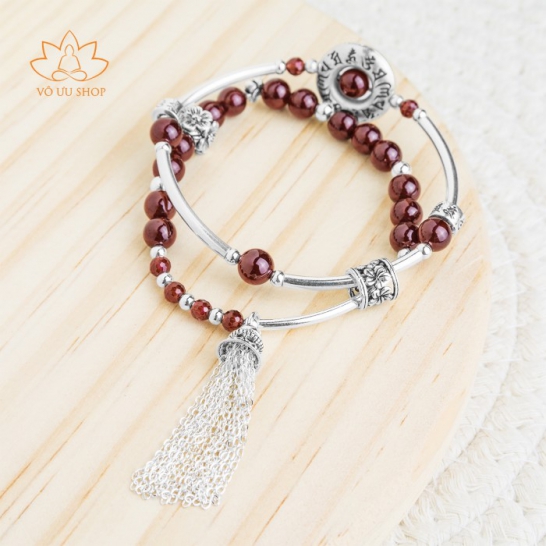 Vòng tay bạc đôi garnet với pháp khí chánh niệm bạc S925