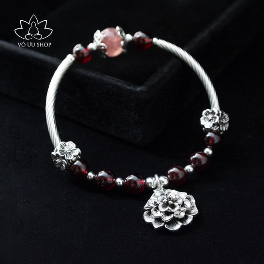 Lắc tay bạc S925 ngọc Garnet phối thạch anh dâu tây và Hoa cát tường