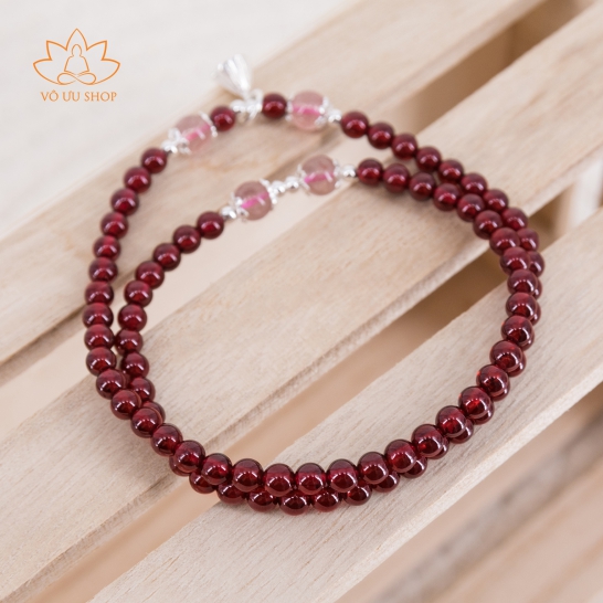 Vòng mala đôi Ngọc Garnet phối Thạch Anh Dâu và hoa sen bạc S925